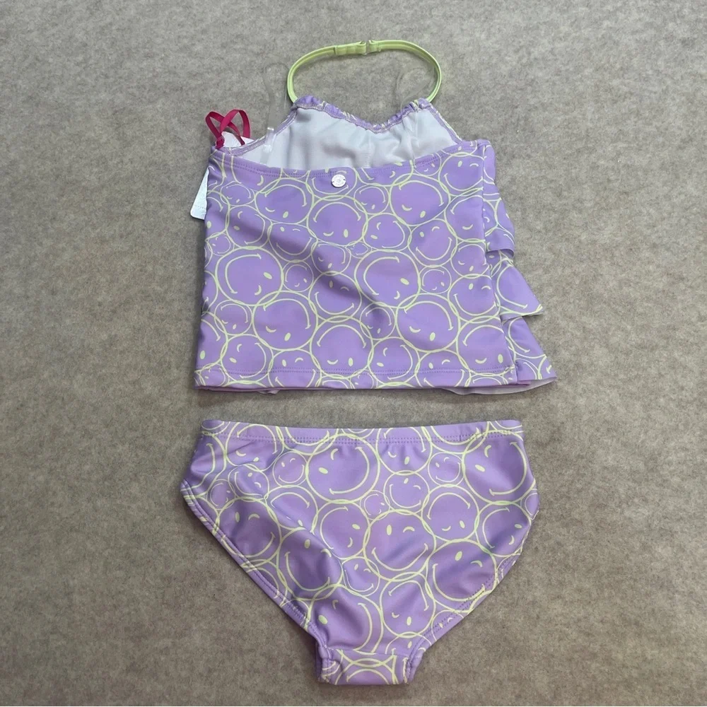 Justice Light Purple Smiley Face 2 Piece Tankini Swimsuit Girls Size XS(5-6)